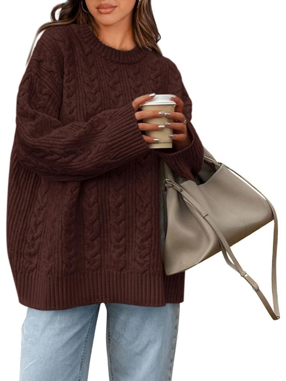 Women's Coffee Cozy Soft Chunky Textured Knit Crewneck Oversized Fashion Sweater
